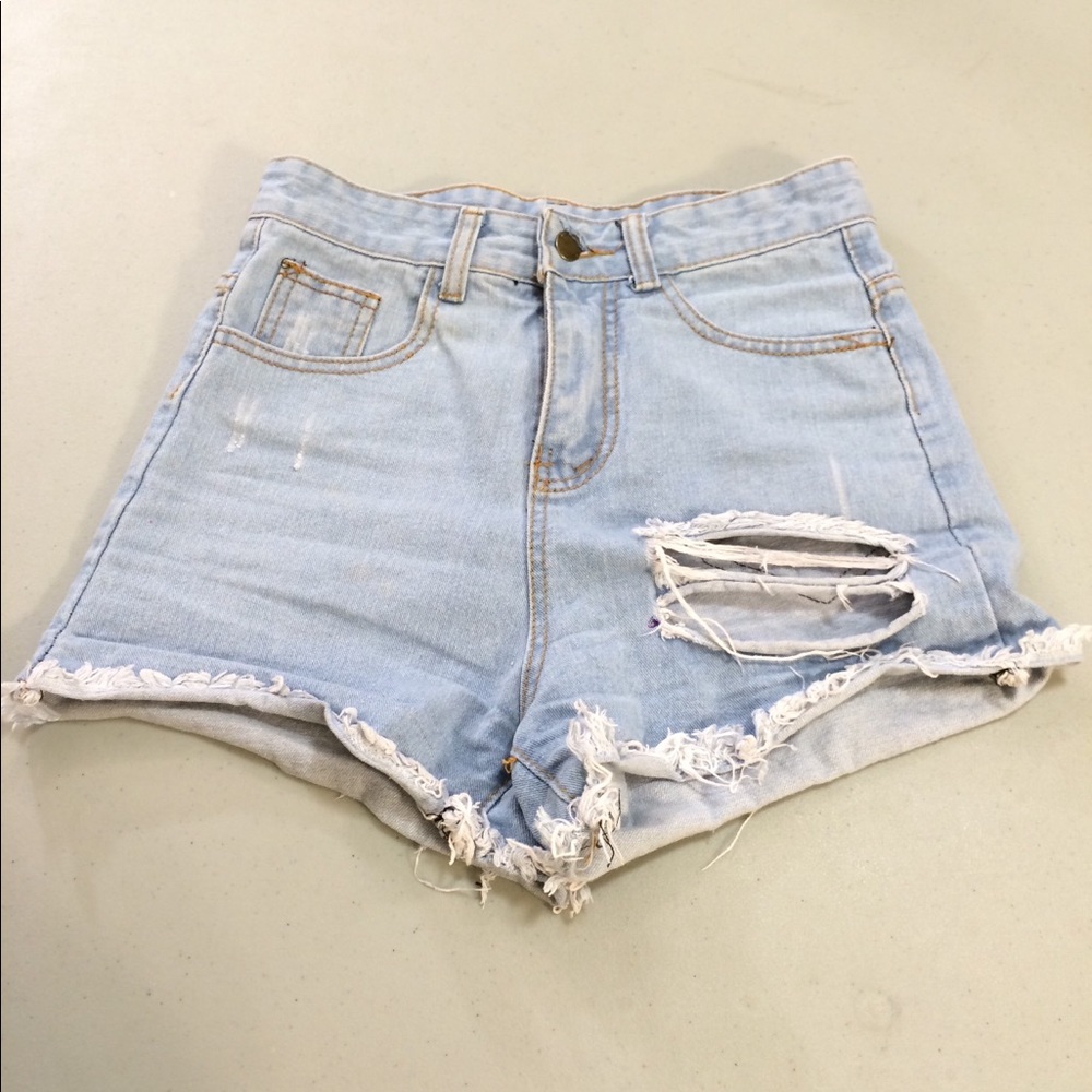 Blue high waisted distressed jean shorts